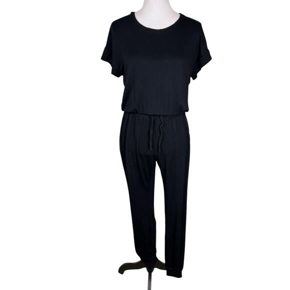 Splendid Flora Soft Black Knit Short Sleeve Elastic Waist Jogger Jumpsuit Lounge - Picture 4 of 14